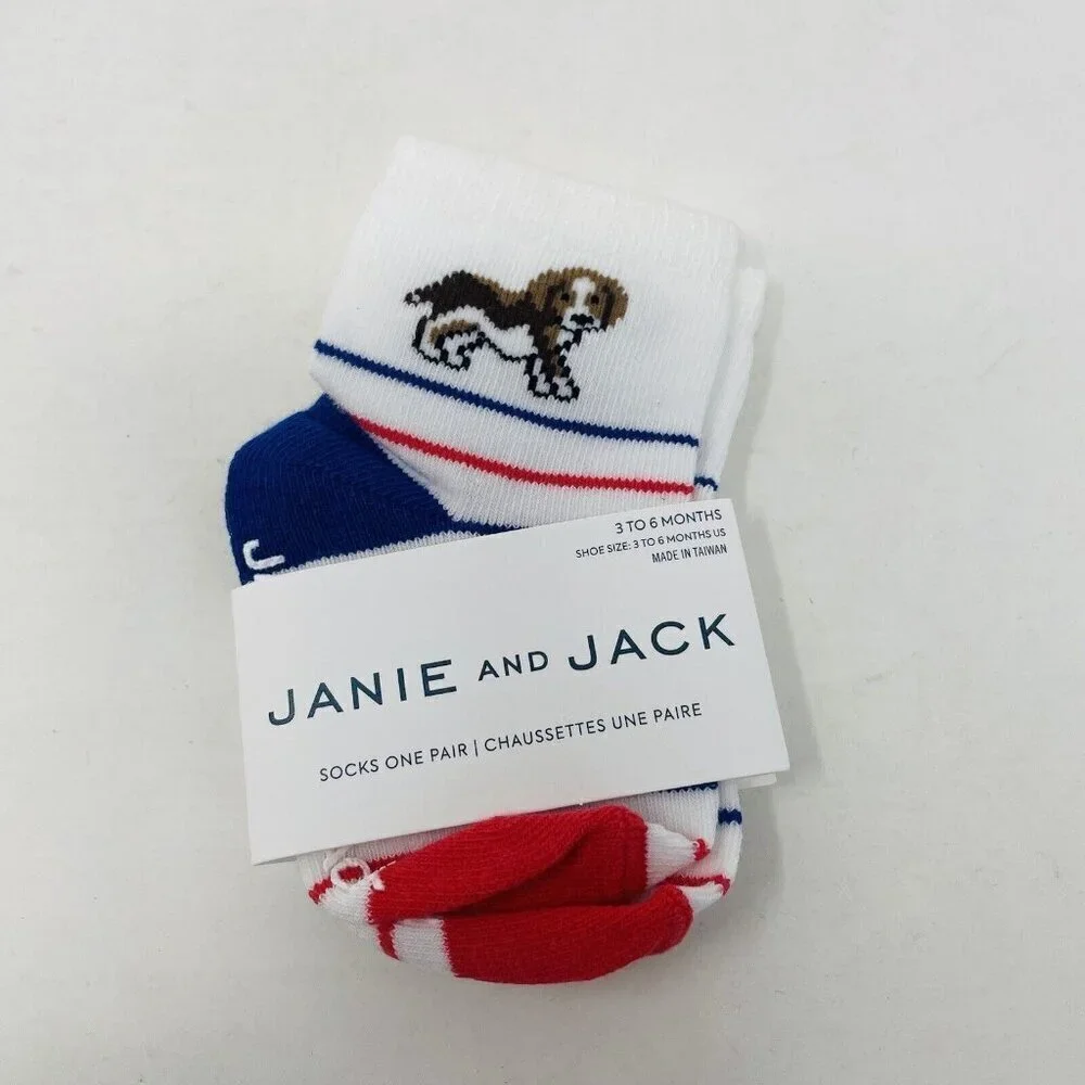 Janie and Jack Baby Boys 3-6 Months Striped Dog Print Ankle Socks in White